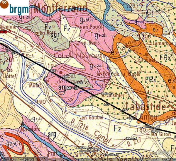 Fig. 28. Carte géologique à Naurouze (InfoTerre). Tracé de la voie d'Aquitaine, le canal et la D6113.