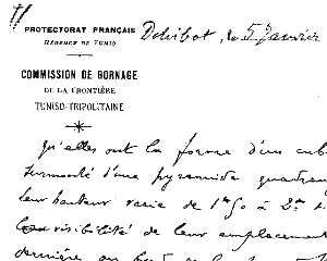 Fac-similé de la lettre de Donau à son frère lors des opérations de bornage à la frontière tuniso-tripolitaine en 1911.