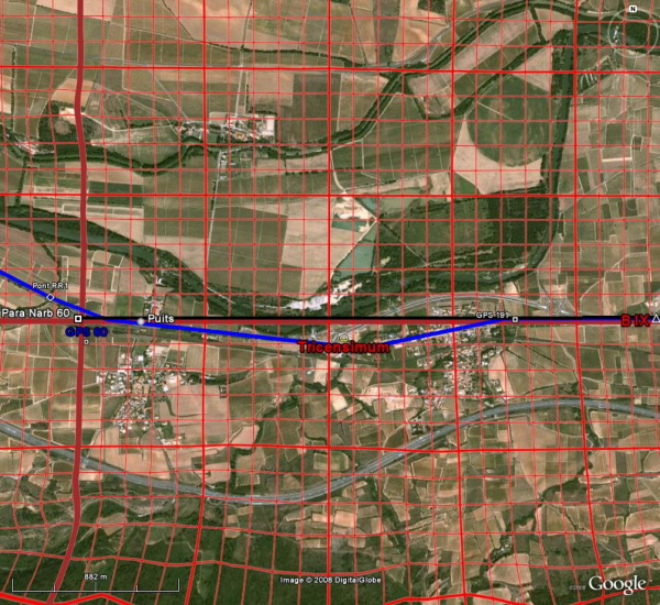 Fig. 6. Le parallèle	de <I>Narbo</I> à <I>Tricensimum </I>(en noir le décumanus, en bleu la voie, en rouge le cadastre).