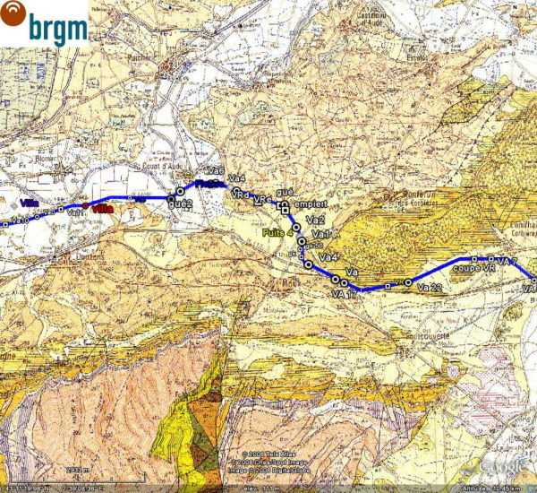 Fig. 17. La voie franchit le seuil de Moux (carte géologique BRGM).