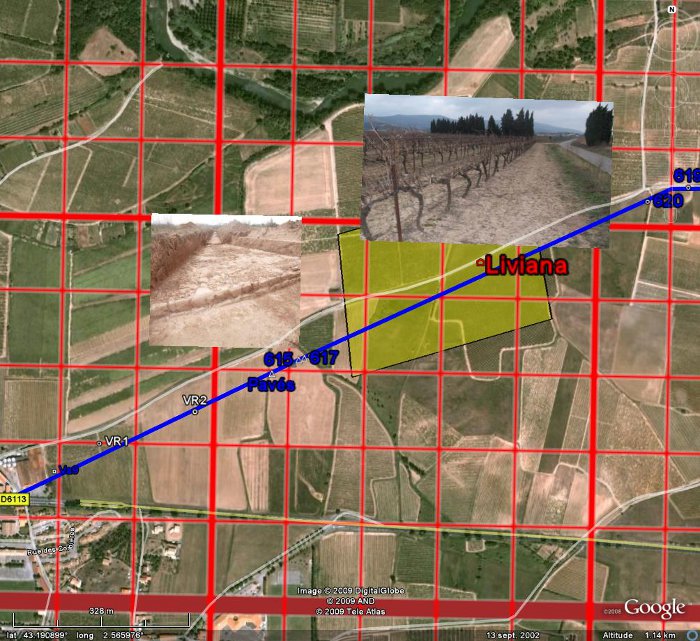 Fig. 11. La voie d’Aquitaine suit à Capendu une diagonale 2/1 de la grille cadastrale (en rouge). Les points GPS indiquent les indices archéologiques relevés en surface.