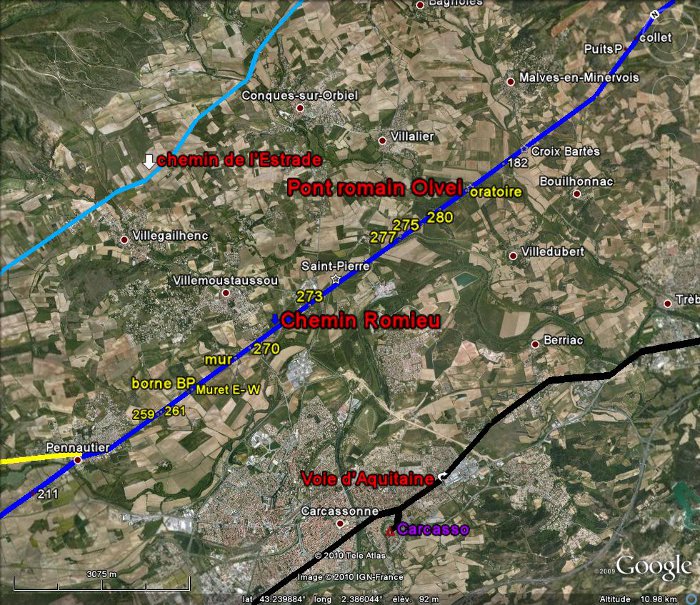 Fig. 22 Les grandes voies romaines du Carcassès. En noir la voie d’Aquitaine, en violet le chemin romieu, en jaune la jonction du Fresquel, en bleu turquoise l’esquisse du chemin de l’Estrade.