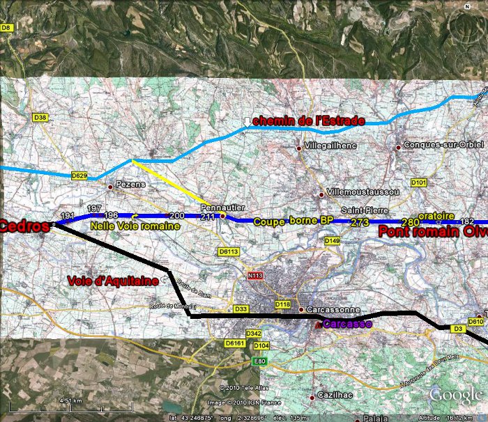 Fig. 24. Les voies romaines : la via Aquitania (en noir) et le chemin romieu (en violet).